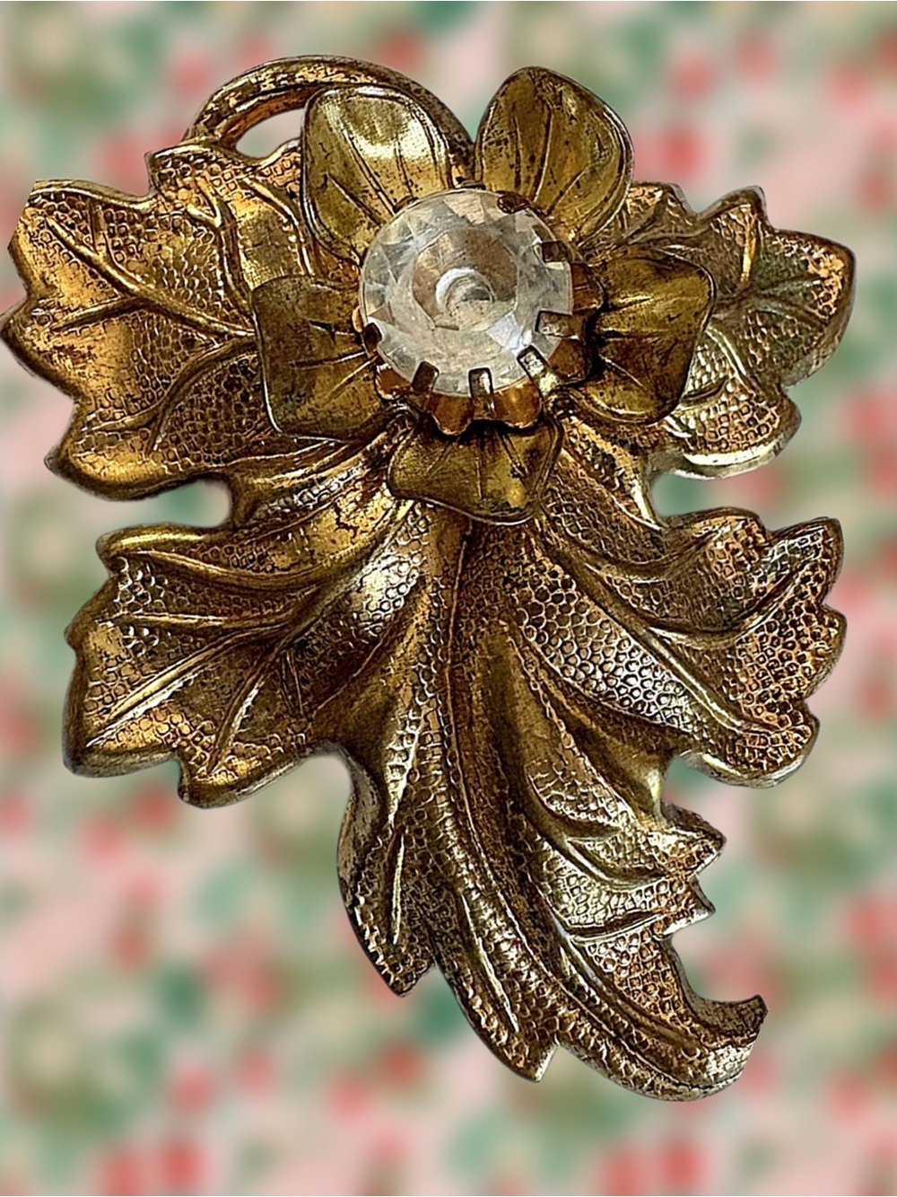Vintage Victorian Style Gold Leaf Ornate Flower Brooch with Clear Rhinestone